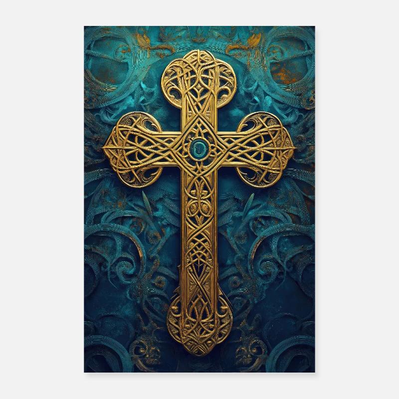 Croix celtique dorée ornée Poster 60 x 90 cm