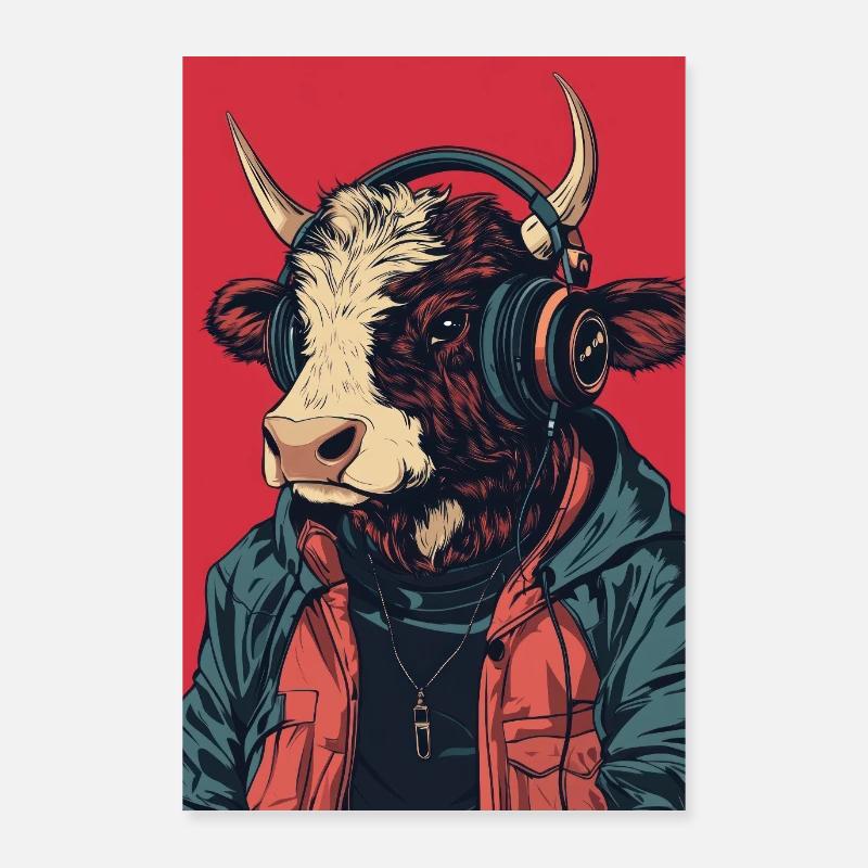 Hipster Kuh mit Kopfhörern Poster 60x90 cm