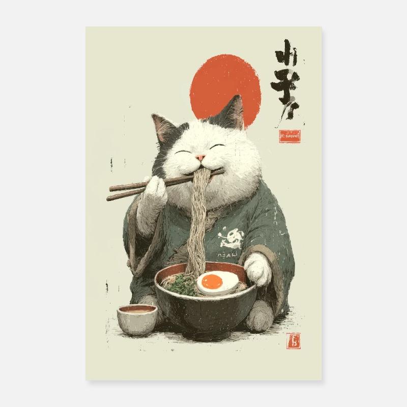 Chat samouraï sirotant des ramen Poster 60 x 90 cm