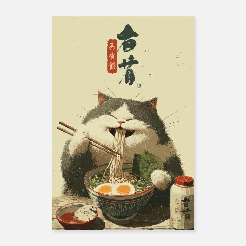 Le chat heureux adore les ramen Poster 60 x 90 cm