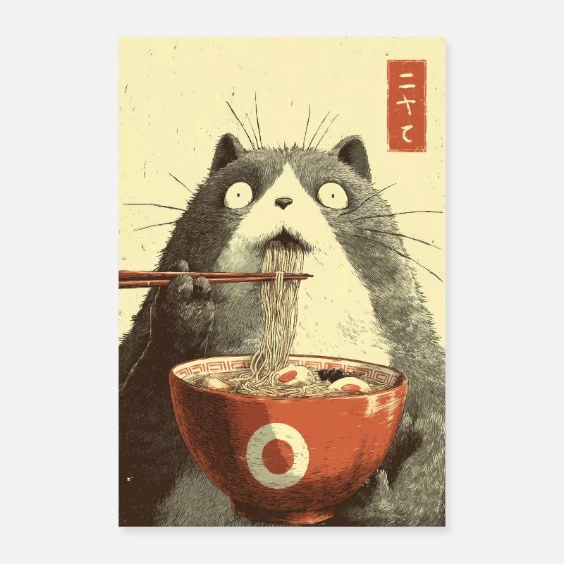 Chat choqué mangeant des ramen Poster 60 x 90 cm