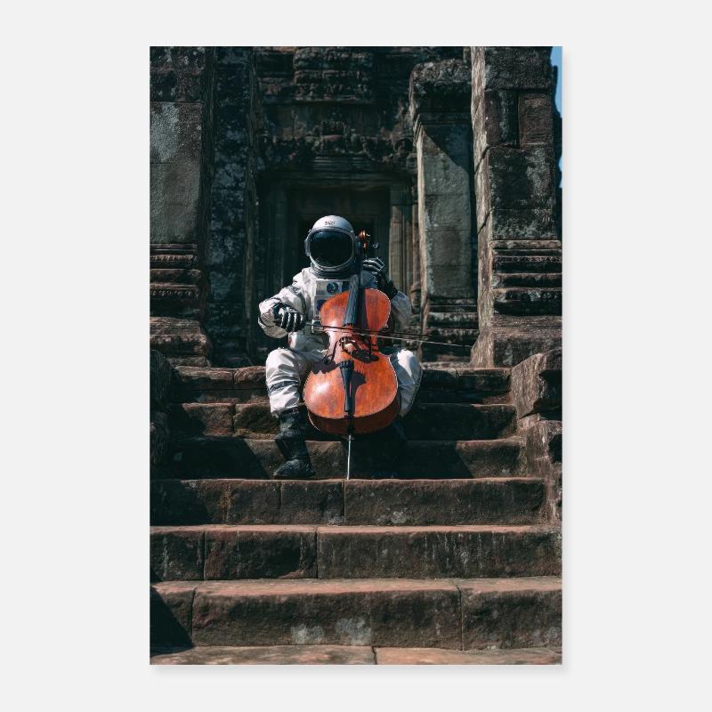 Astronaut Playing Cello at Ancient Temple Poster 24" x 35" (60x90 cm)
