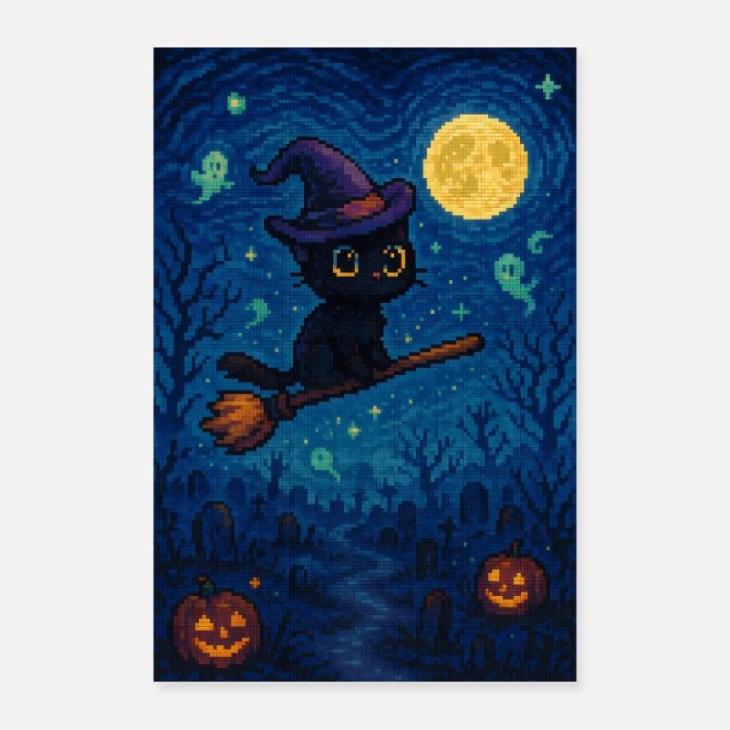 Chat mignon d’Halloween sur balai de sorcière Pixel Art Poster 60 x 90 cm