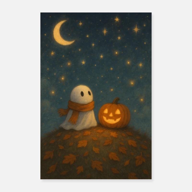 Fantôme d’Halloween avec citrouille Poster 60 x 90 cm