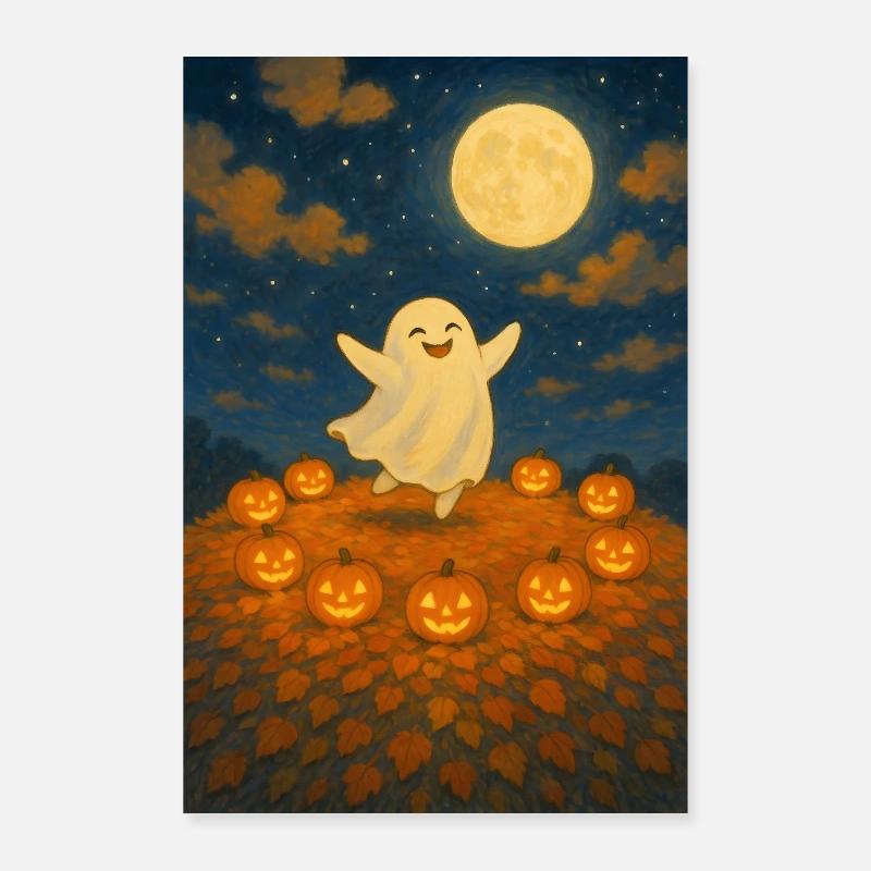 Moonlit Ghost Among Pumpkins Poster 24" x 35" (60x90 cm)