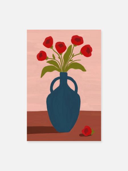 Red Poppies in Blue Vase - Poster 60x90 cm - Weiß