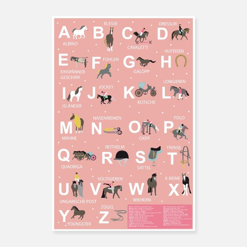 Affiche de cheval ABC alphabet affiche scolarité - Poster 60 x 90 cm - blanc