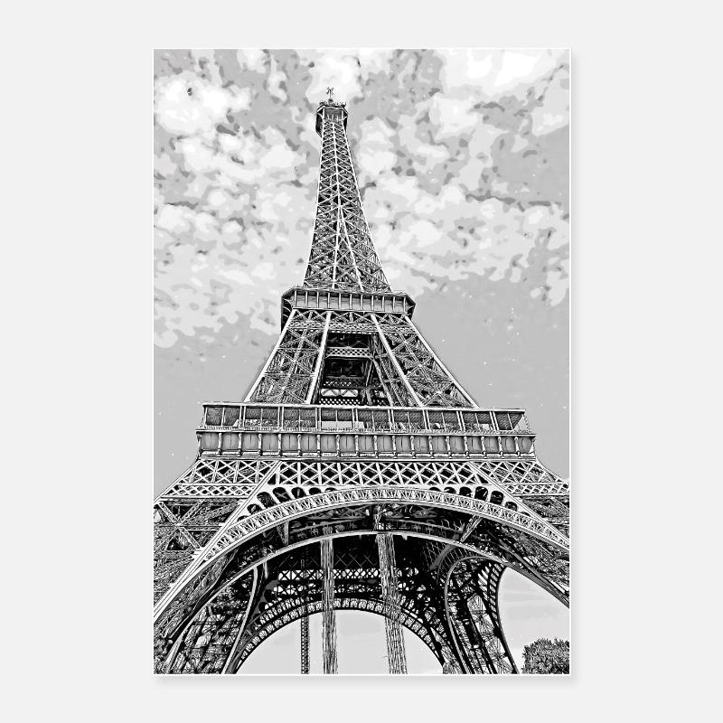Poster dessin Tour Eiffel noir et blanc - Poster 60 x 90 cm - blanc