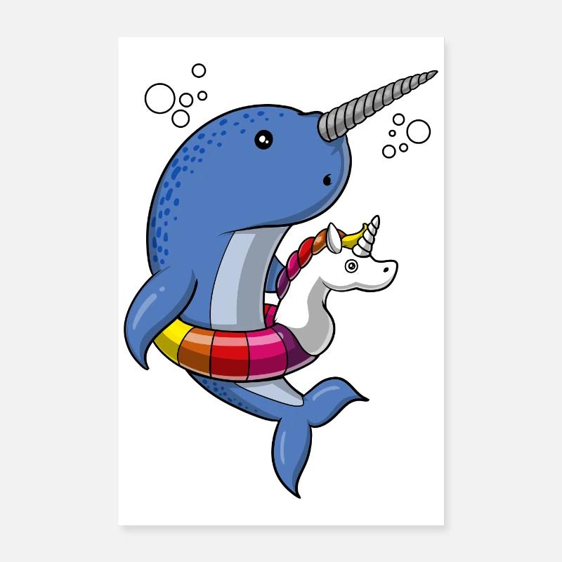 Narwhal Fish Riding Unicorn Float Poster 60 x 90 cm