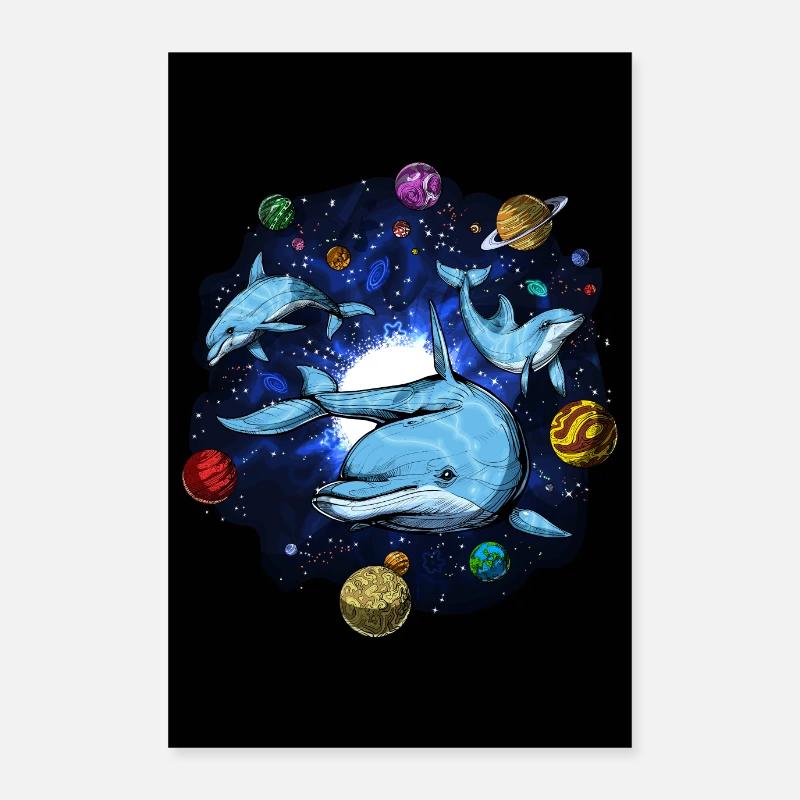 Dauphins de l’espace psychédéliques - Poster 60 x 90 cm - blanc