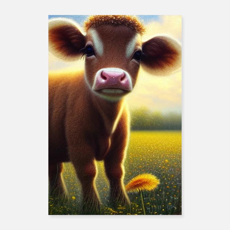 Mignon bébé vache sur une prairie fleurie Poster 60 x 90 cm