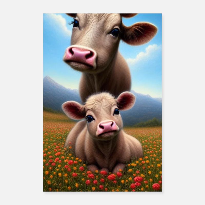 Mignon bébé vache sur une prairie fleurie Poster 60 x 90 cm