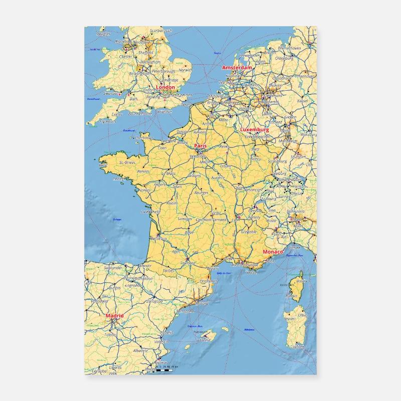 Frankrig kort med byer, veje, floder, søer Poster 60x90 cm