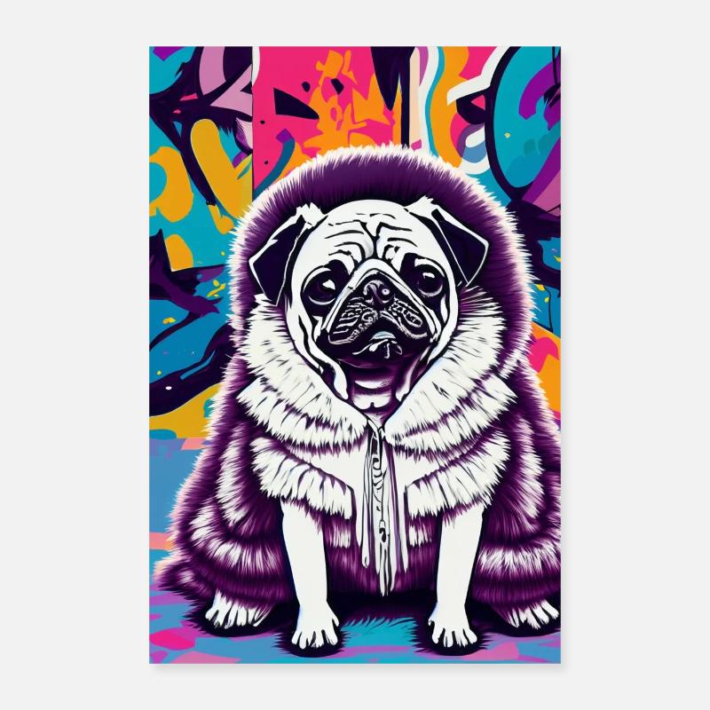 Carlin en manteau de fourrure devant un mur de graffitis | Pop art Poster 60 x 90 cm
