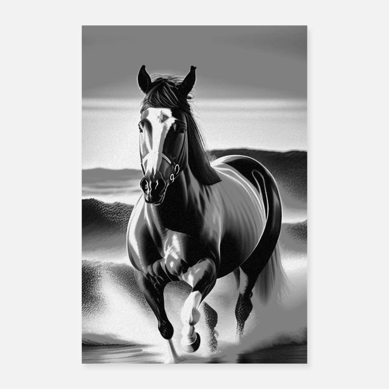 Cheval Noir & Blanc Poster 60 x 90 cm