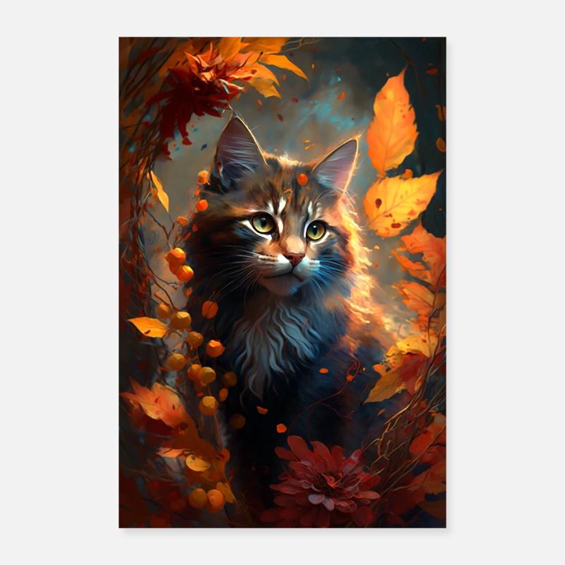 Chat dans le feuillage d’automne Poster 60 x 90 cm