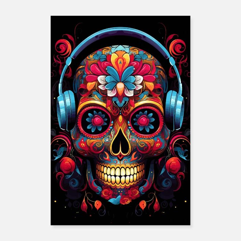 Bunter Sugar Skull mit Kopfhörer Poster 60x90 cm