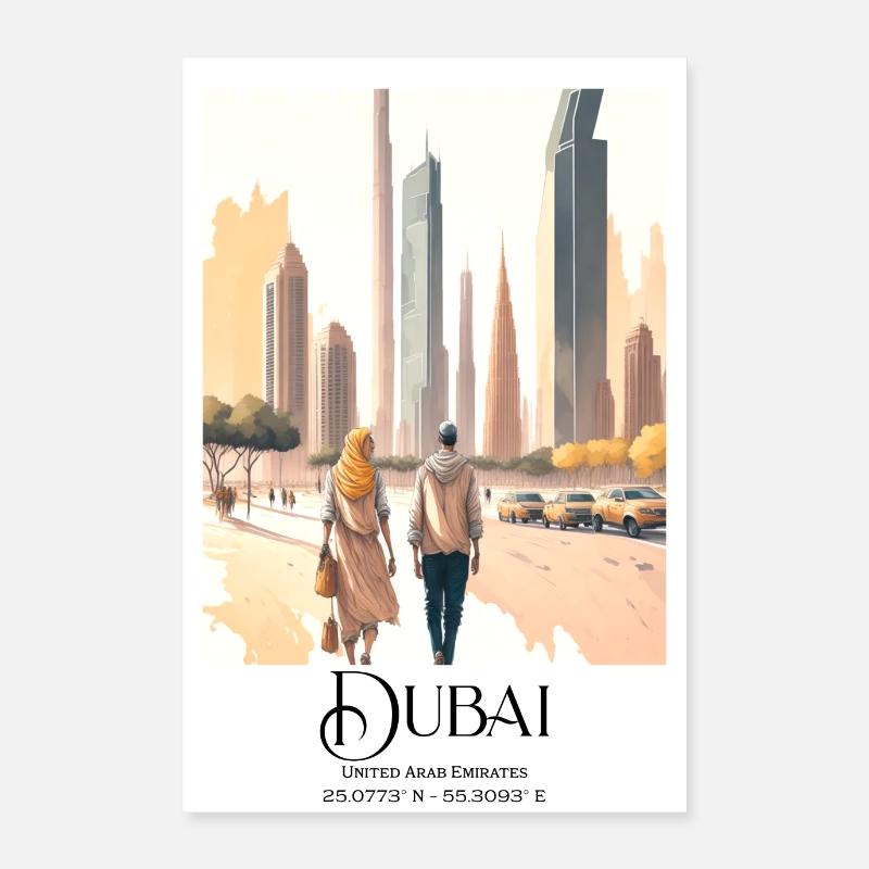 Couple marchant devant le Burj Khalifa à Dubaï Poster 60 x 90 cm