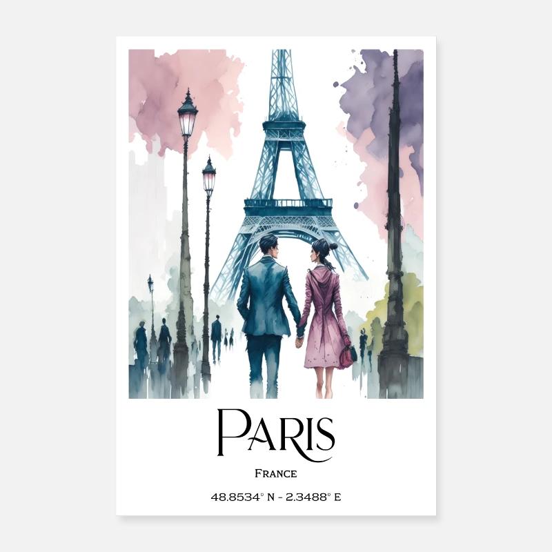 Couple walking in Paris at the Eiffel Tower Poster 24" x 35" (60x90 cm)