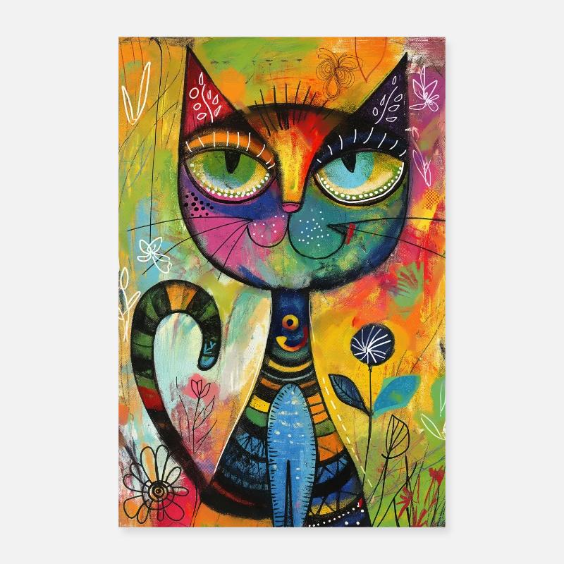 Whimsical colorful Cat Poster 24" x 35" (60x90 cm)