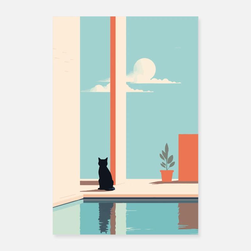 chat au bord de la piscine Poster 60 x 90 cm