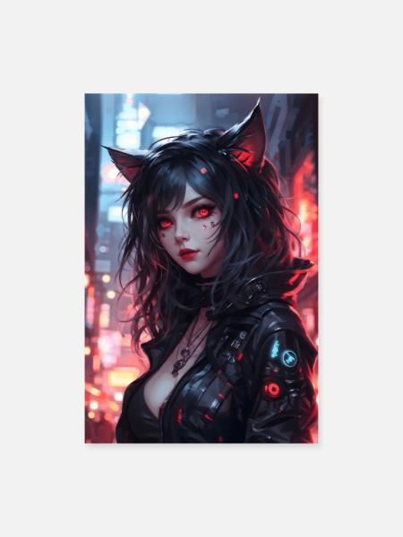 Manga Girl mit Katzenohren und roten Augen - Poster 60x90 cm - Weiß - Vorne