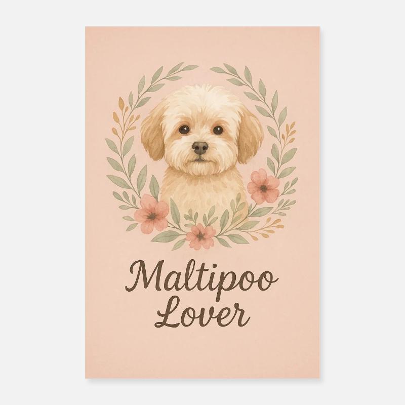 Maltipoo Lover – Boho Poster mit Blumenkranz - Poster 60x90 cm - Weiß