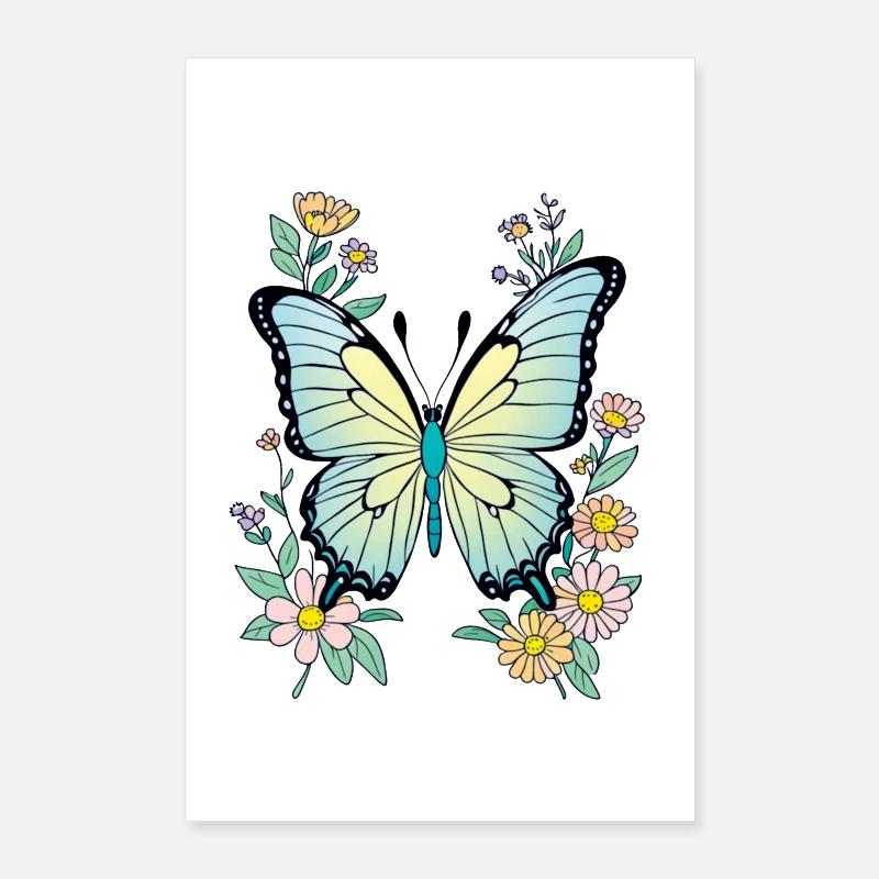 Papillon Bleu Avec Fleurs, Papillon Poster 60 x 90 cm
