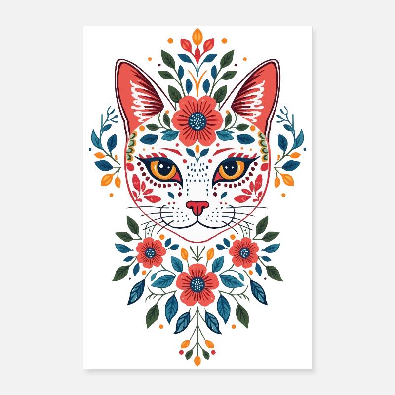 Tête de chat fleur dans le style folklorice Poster 60 x 90 cm