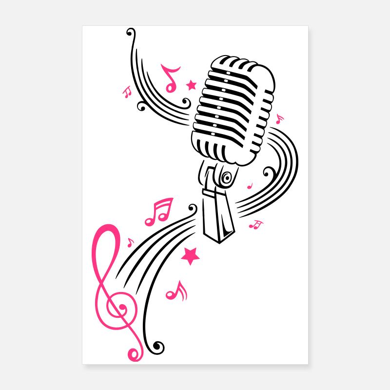 Retro microphone with music notes and clef. Poster 24" x 35" (60x90 cm)