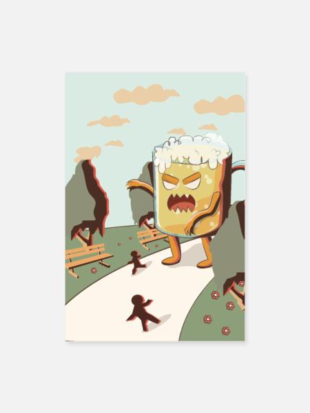 Bier Comic Monster - Poster 60x90 cm - Weiß