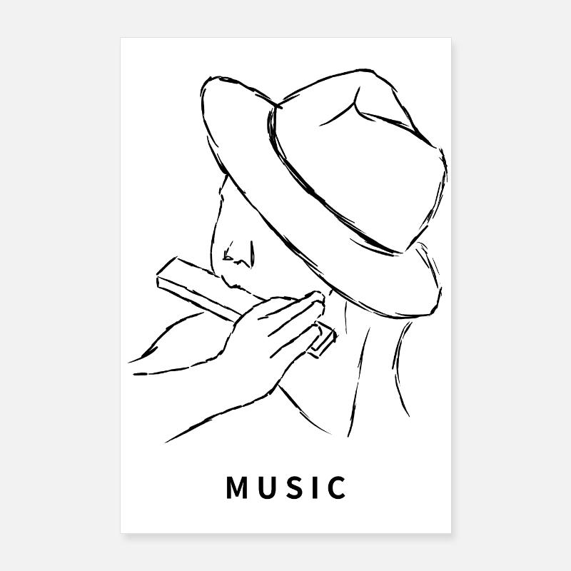 Musique dessin harmonica chapeau minimaliste Poster 60 x 90 cm