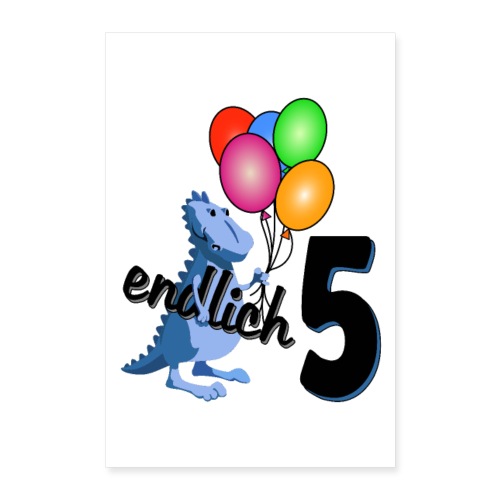 5. Geburtstag | Dino mit bunten Luftballons - Poster 60x90 cm
