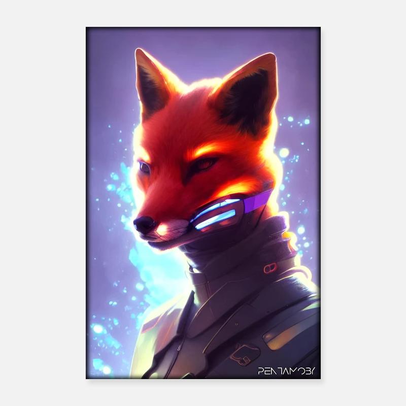 Fox Wildlife Cyber Neon Punk Future Sci-Fi Poster 60 x 90 cm