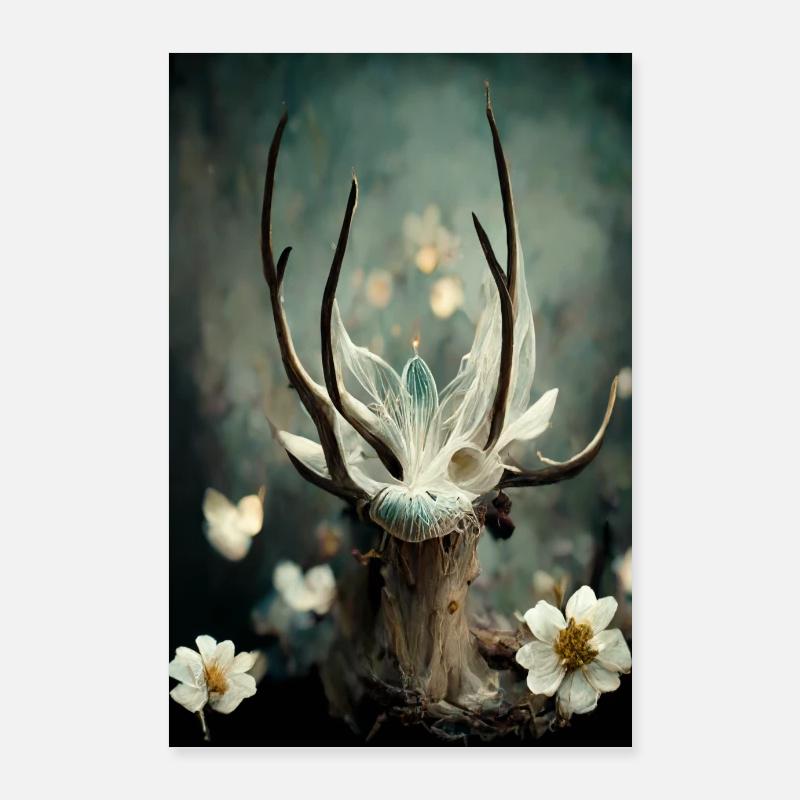Hirschgeweih und Spinnennetz - Poster 60x90 cm - Weiß