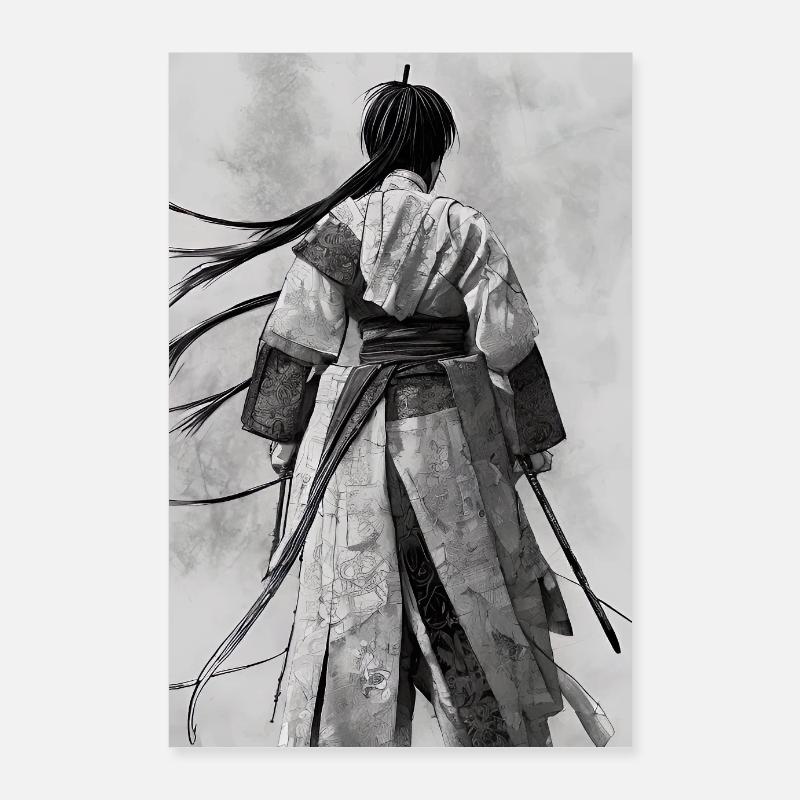Samurai Illustration Black and White Poster 24" x 35" (60x90 cm)