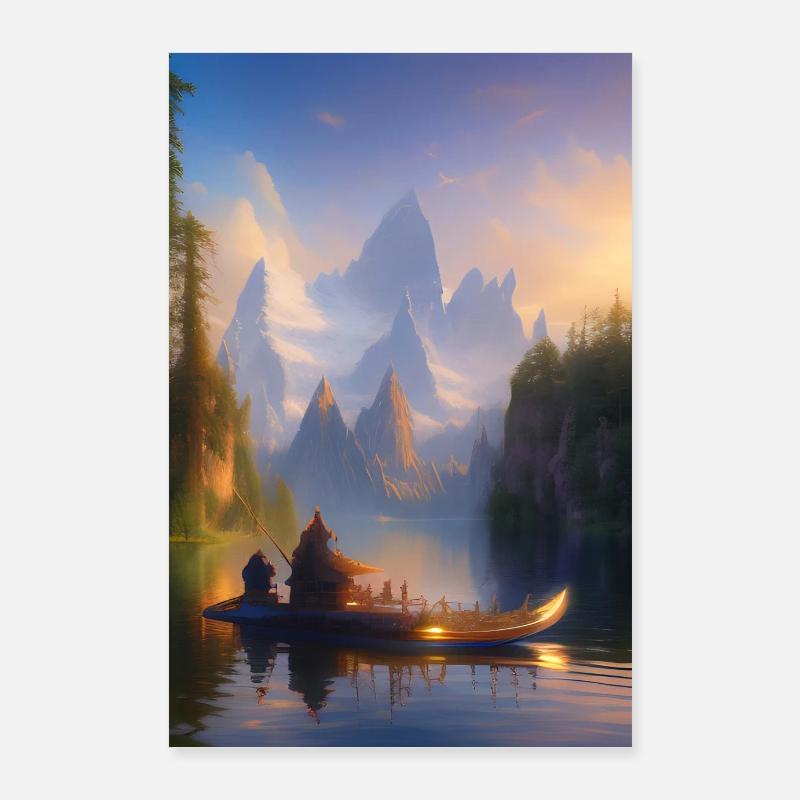 Landschaft mit See, Boot und Berge Poster 60x90 cm