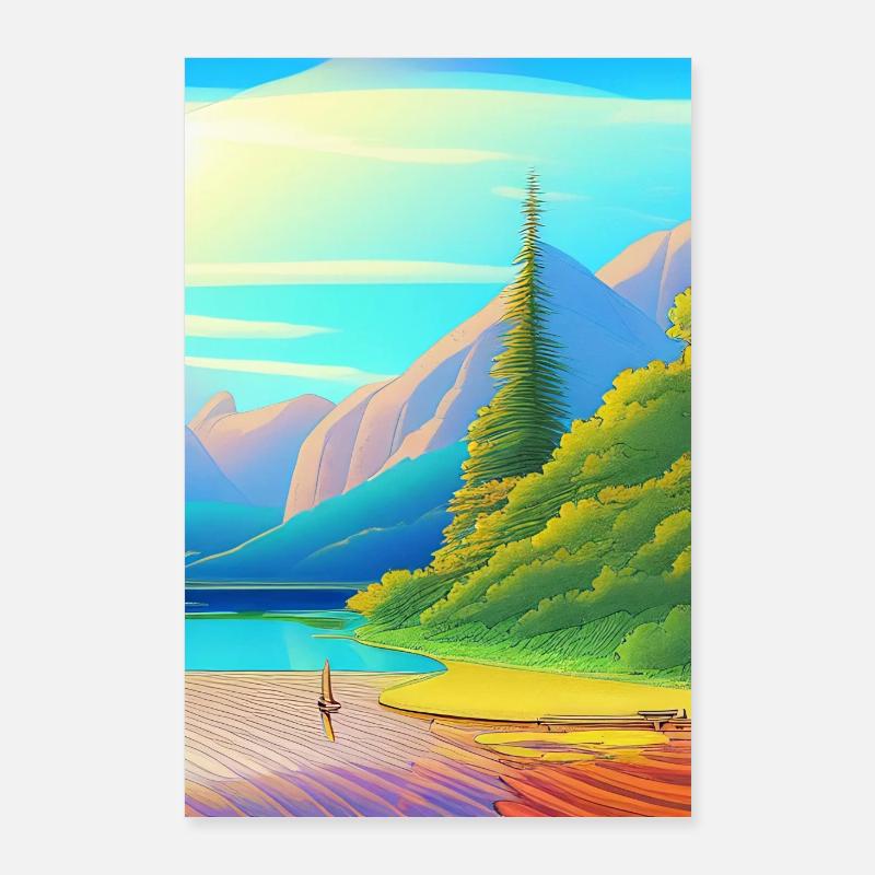 Landschaft mit See, Boot und Berge Poster 60x90 cm