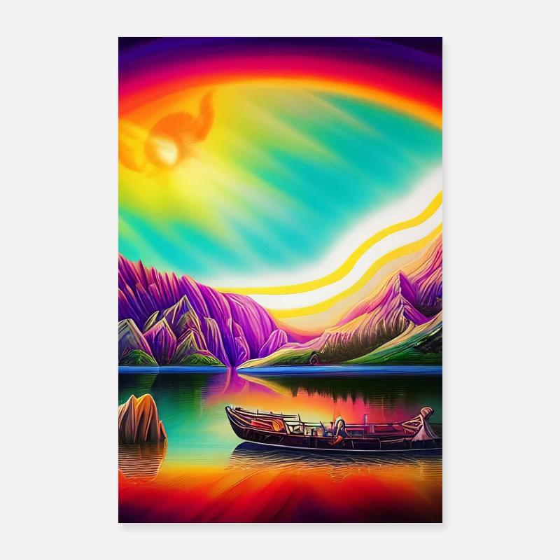 Landschaft mit See, Boot und Berge Poster 60x90 cm