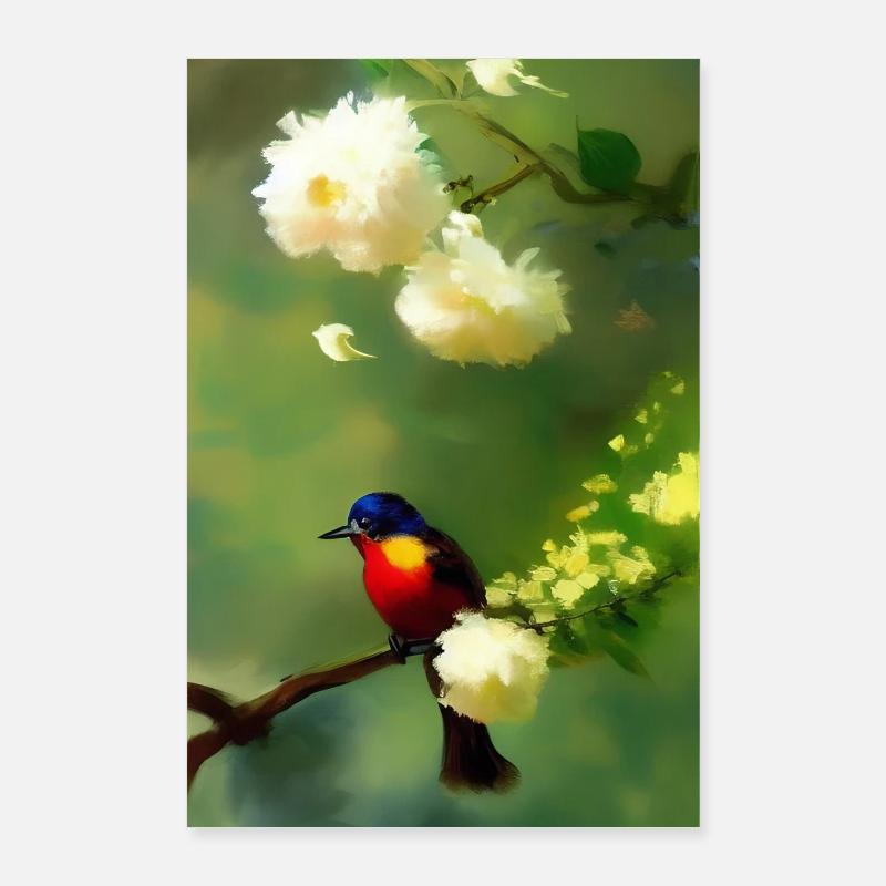 Vogel auf Ast mit Blumen Blüten Poster 60x90 cm