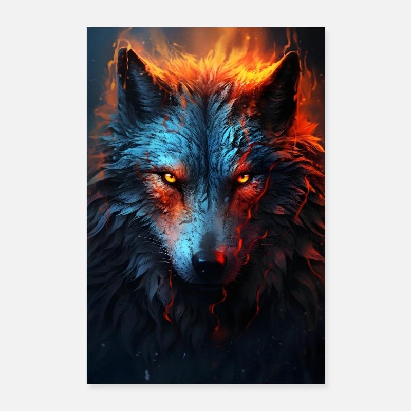 Wolf Face Fire - Poster 60 x 90 cm - blanc