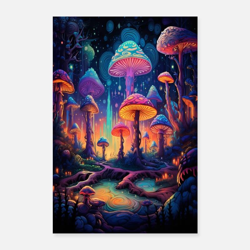 Forêt de champignons psychédéliques - Poster 60 x 90 cm - blanc