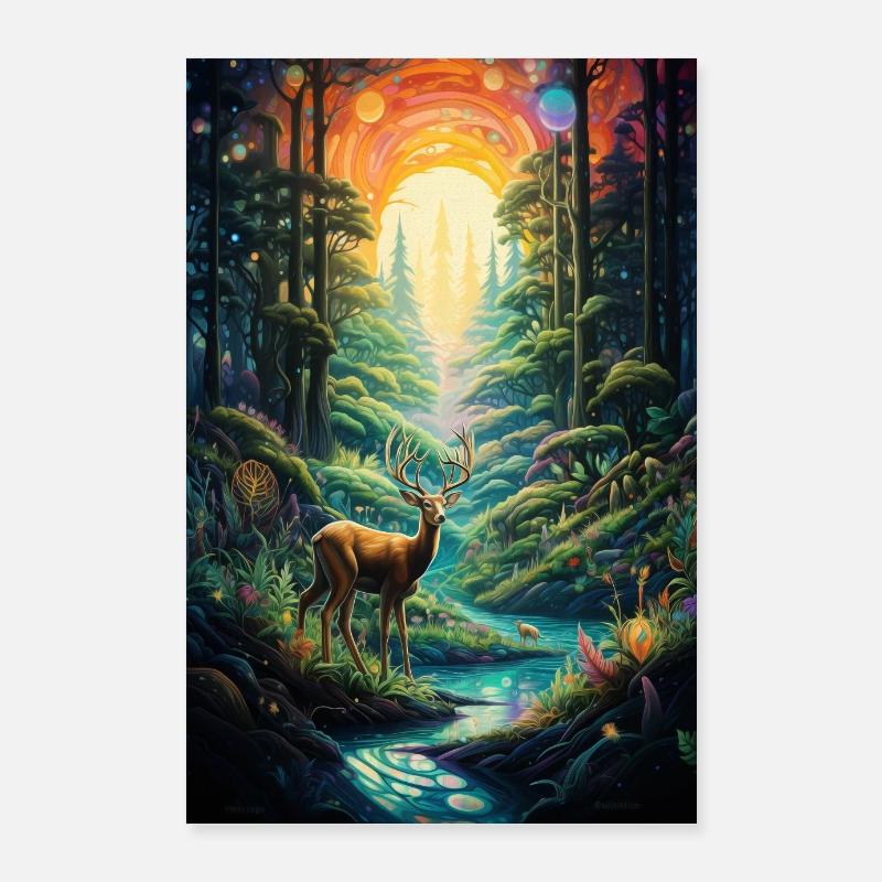 Psychedelic Phantasy Forest With Animals Poster 60x90 cm