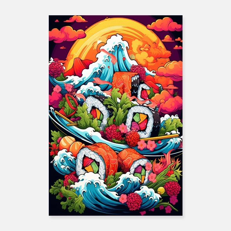 Mystical sushi rolls, psychedelic water waves Poster 24" x 35" (60x90 cm)