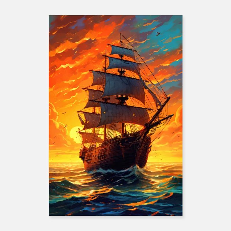 Ship Ships Sailboat Boat Boats Sunset Poster 24" x 35" (60x90 cm)
