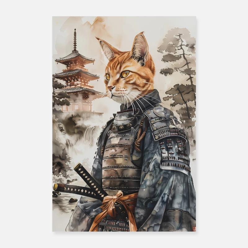 Samurai Cat Cat Watercolor Cat Lover Poster 24" x 35" (60x90 cm)