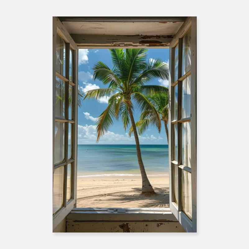 Fenster mit Blick auf einen Strand mit Palme - Poster 60x90 cm - Weiß