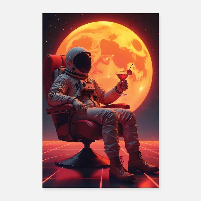 Astronaute avec cocktail dans une satire de fauteuil Poster 60 x 90 cm