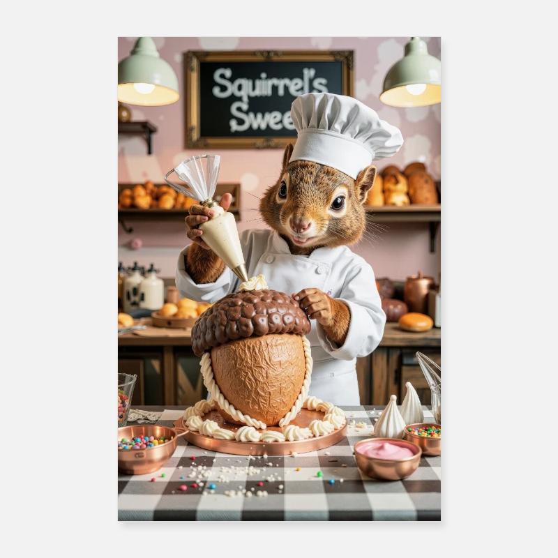 Chef écureuil humanoïde avec gâteau au chocolat Poster 60 x 90 cm