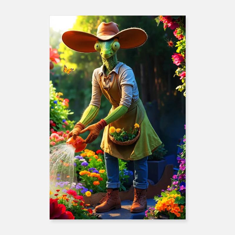 Humanoide Gartenmantis mit Scheunenhut Poster 60x90 cm